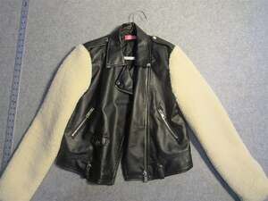 Lilly's Kloset Womens Moto Jacket L Black Leather Look Sherpa Sleeves Quilted